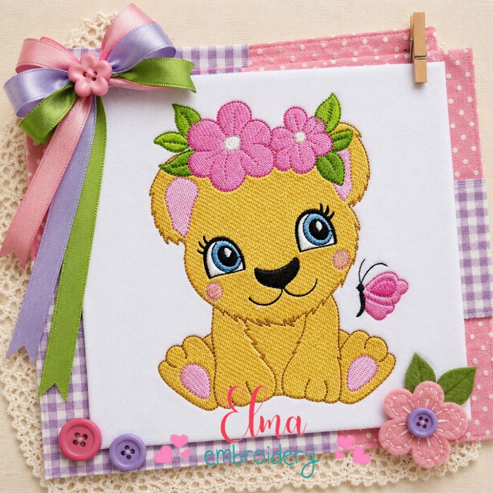 Matriz de Bordado Leoa Filhote Leão com Flores Ponto Cheio