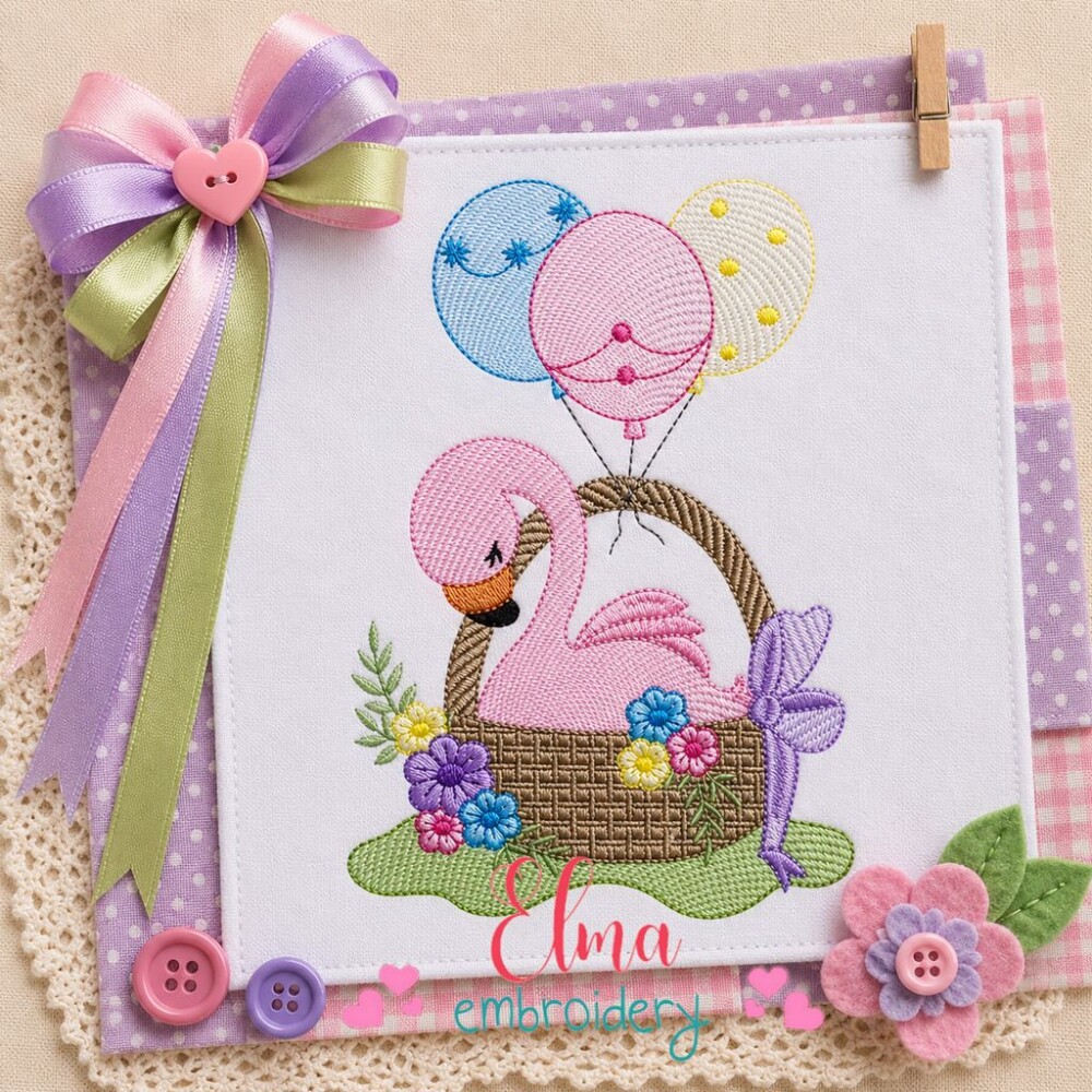 Matriz de Bordado Flamingo Bebê no Cesto com Balões Ponto Cheio