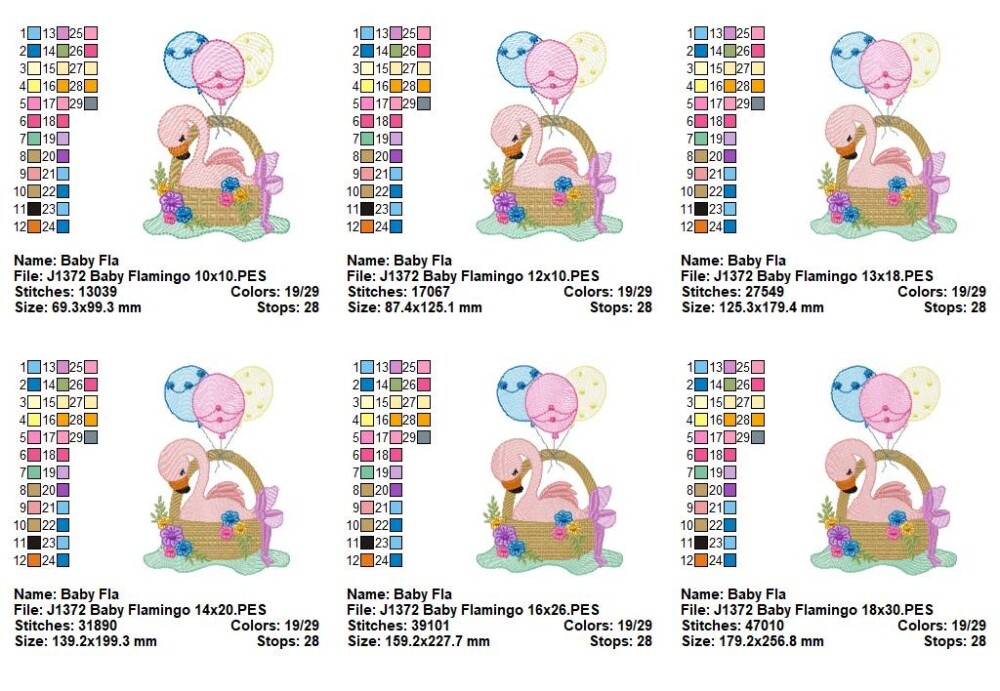 Matriz de Bordado Flamingo Bebê no Cesto com Balões Ponto Cheio