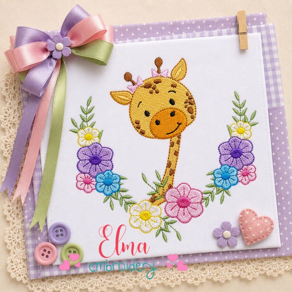 Matriz de Bordado Girafa Floral Delicada Ponto Cheio