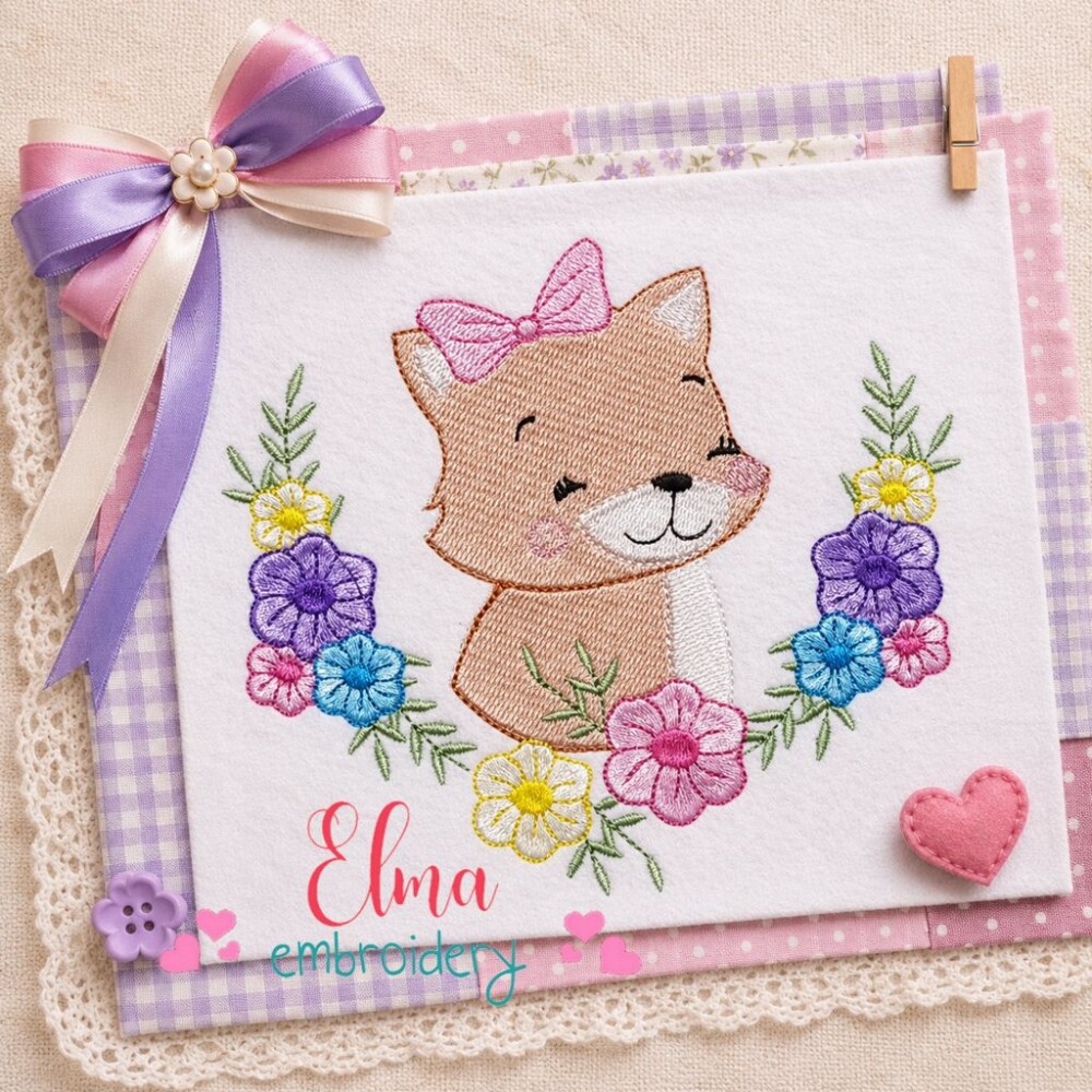 Matriz de Bordado Raposinha Floral Delicada Ponto Cheio