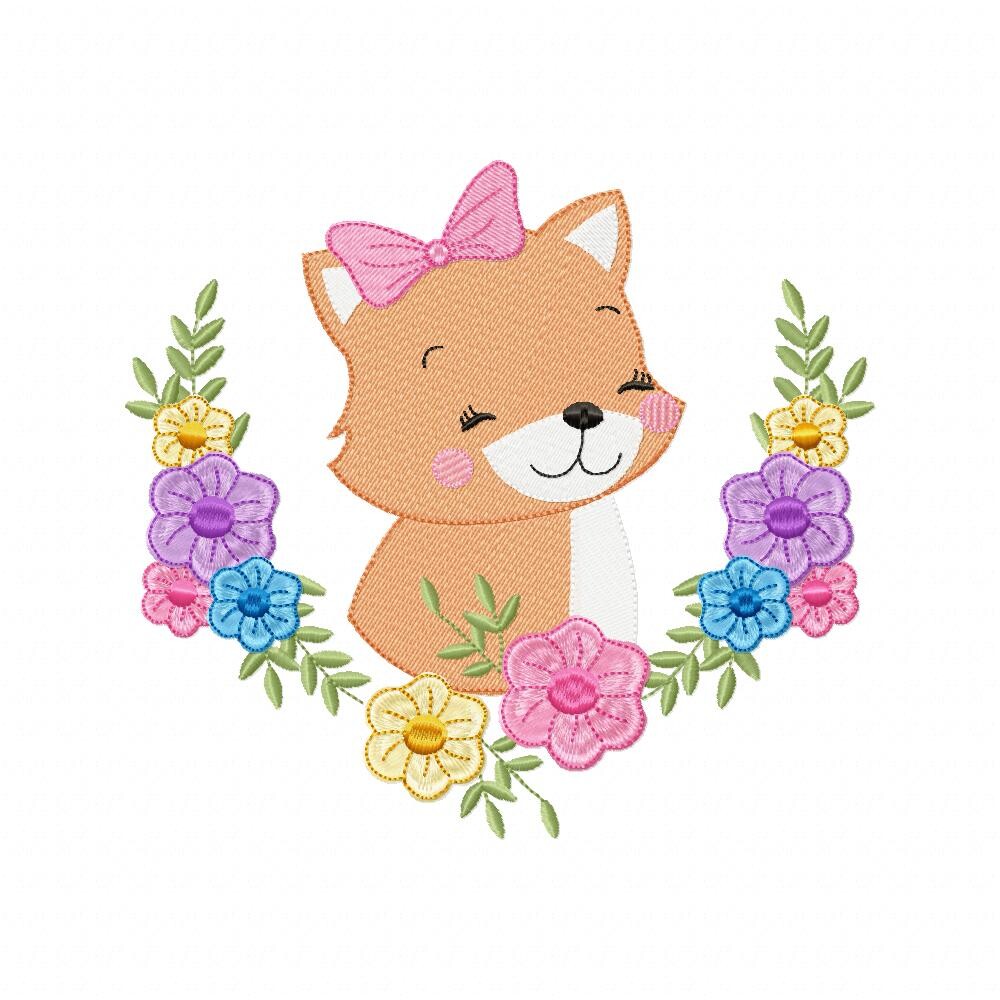Matriz de Bordado Raposinha Floral Delicada Ponto Cheio