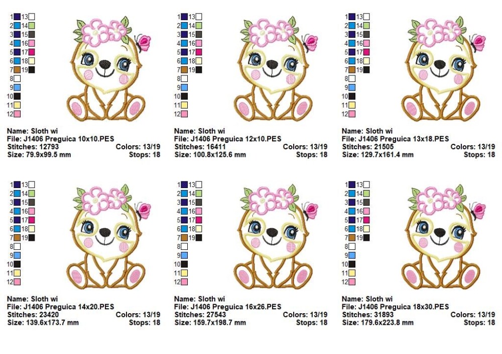 Matriz de Bordado Preguiça Fofinha com Coroa de Flores Aplique