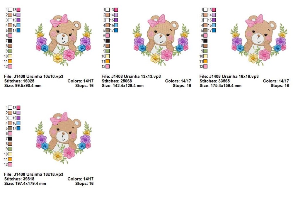 Matriz de Bordado Ursinha Fofinha Floral Ponto Cheio