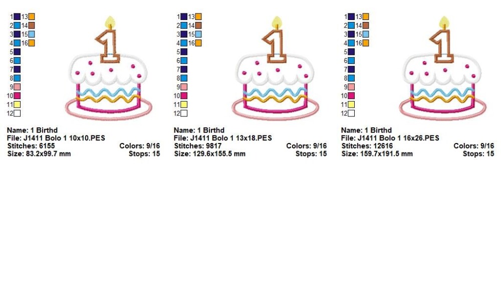 Matriz de Bordado Bolo de Aniversário 1 Ano Aplique