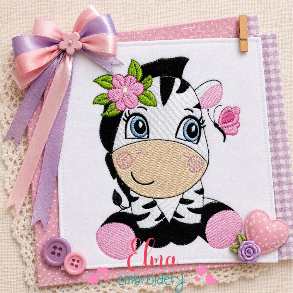 Matriz de Bordado Zebra Infantil Sentada com Flor Ponto Cheio