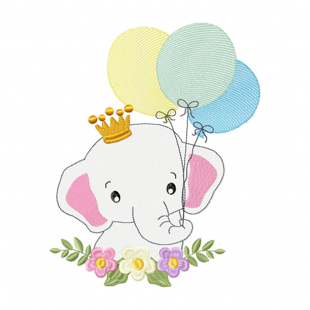 Matriz de Bordado Elefante com Balões e Coroa Ponto Cheio