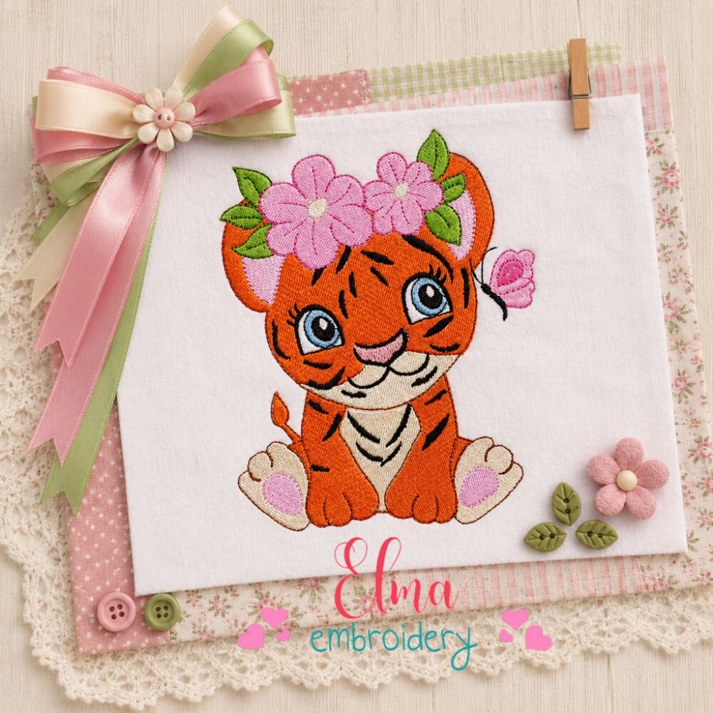 Matriz de Bordado Tigre Infantil com Flores Ponto Cheio