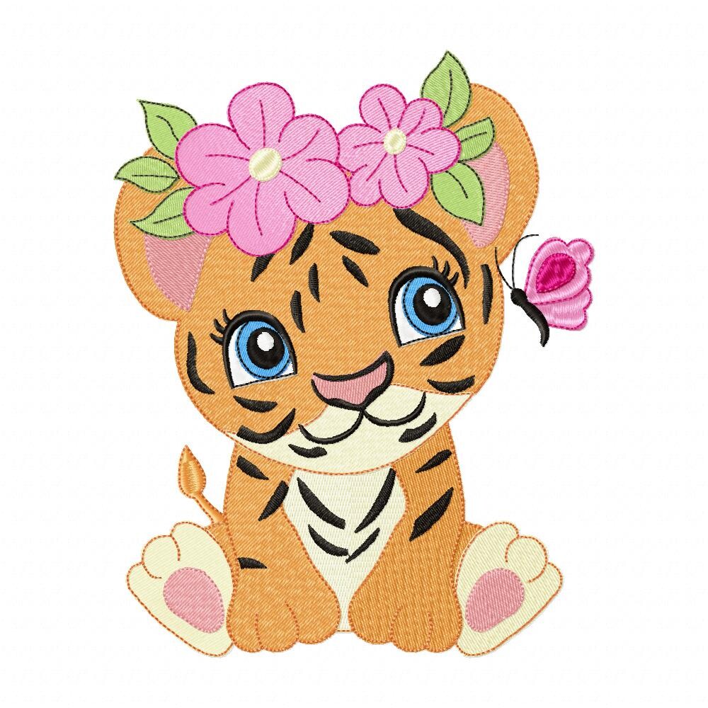 Matriz de Bordado Tigre Infantil com Flores Ponto Cheio