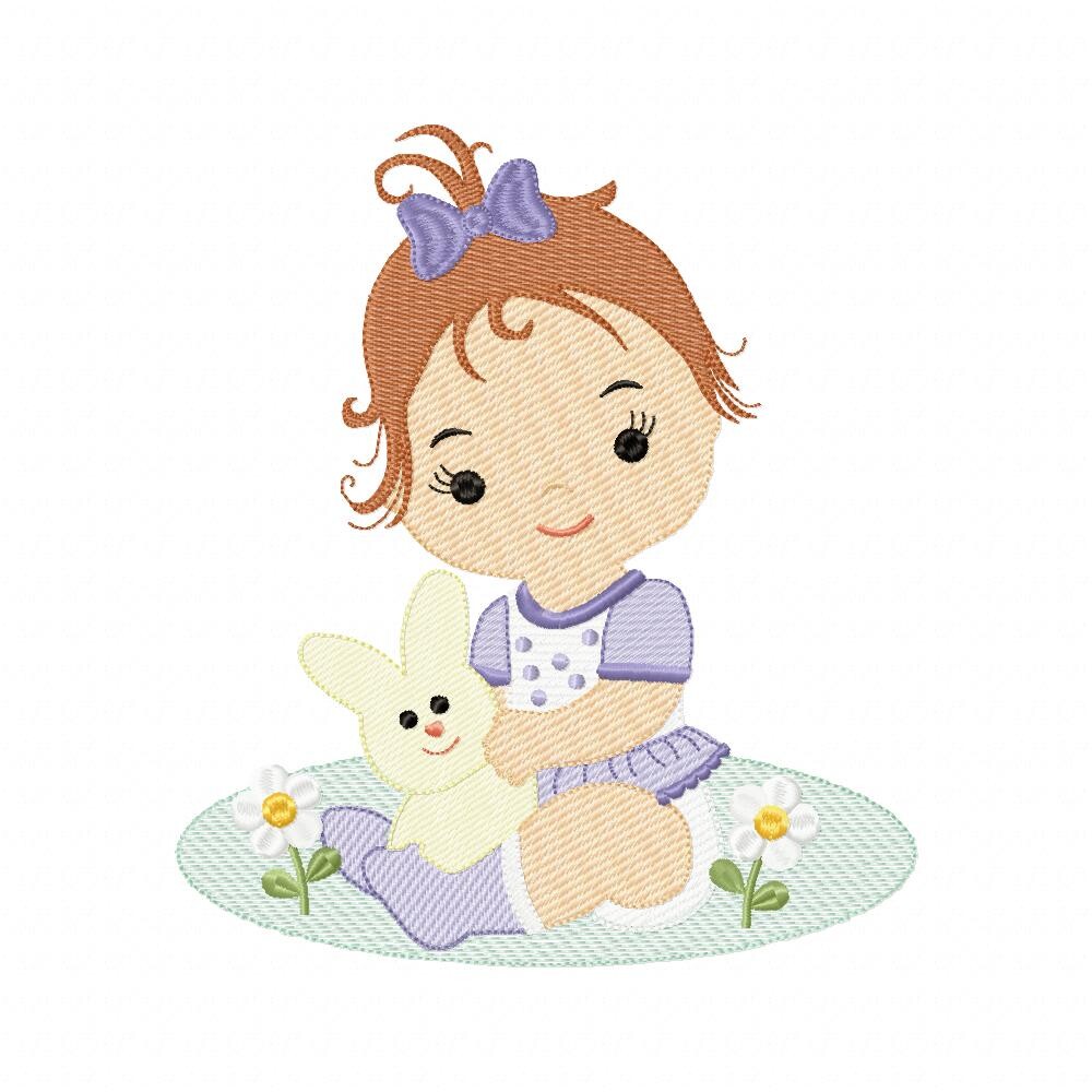 Matriz de Bordado Menina com Coelhinho Ponto Sketch