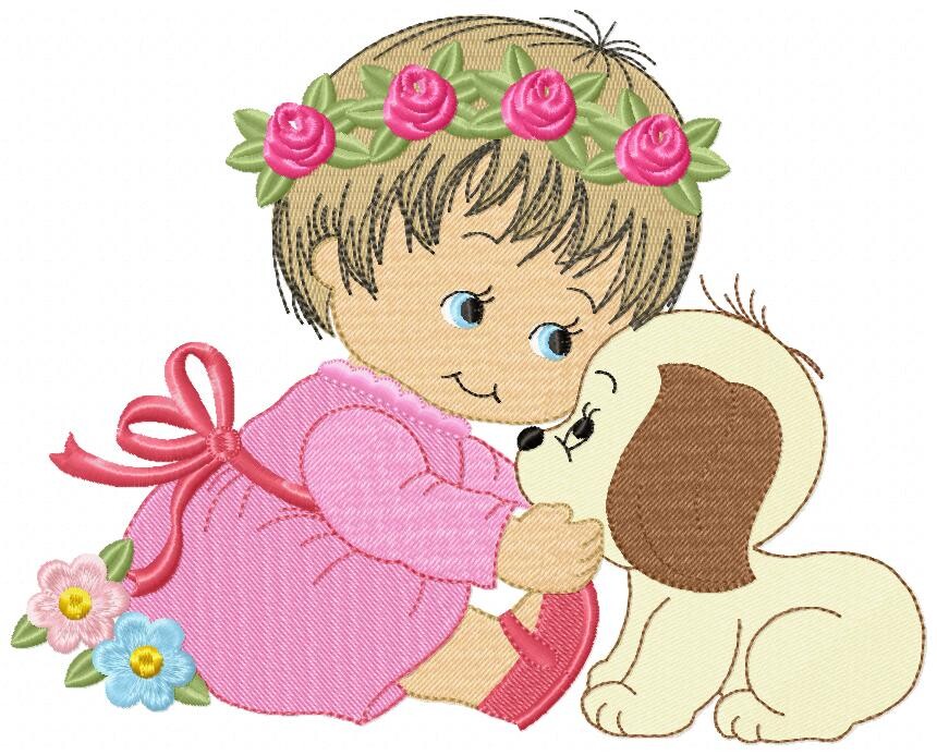Matriz de Bordado Menina com Cachorrinho Ponto Cheio