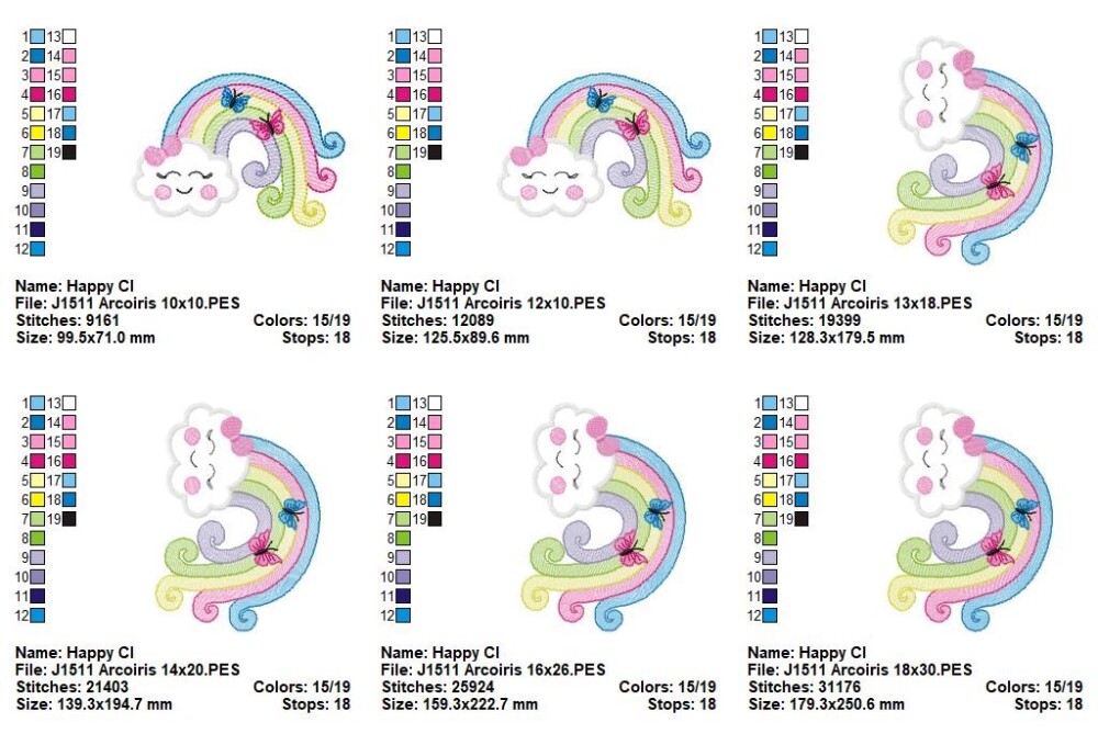 Matriz de Bordado Arco Íris Nuvem Borboletas Aplique