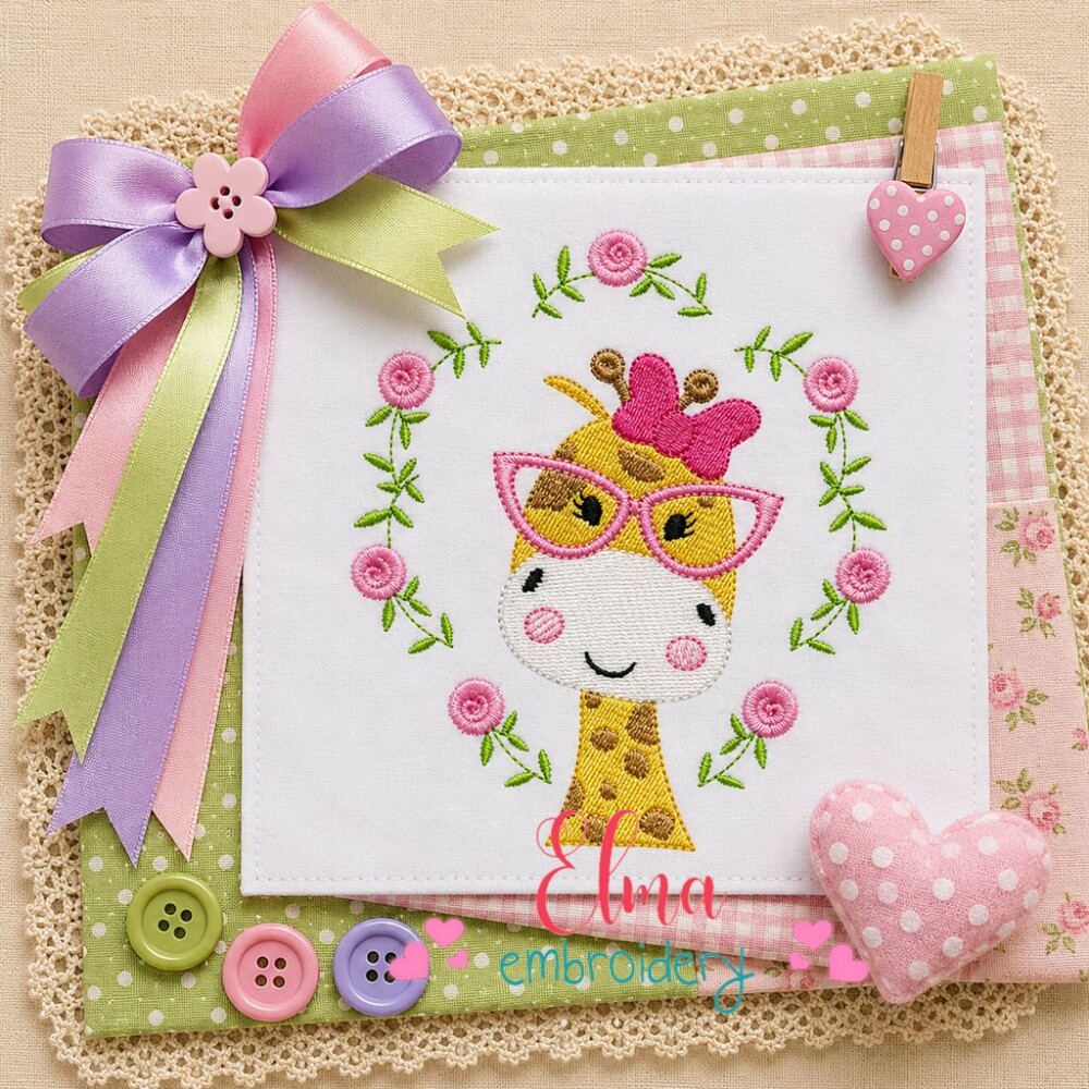 Matriz de Bordado Girafa Floral com Óculos Ponto Cheio