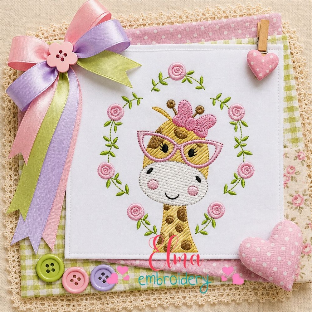Matriz de Bordado Girafa Floral com Óculos Ponto Sketch