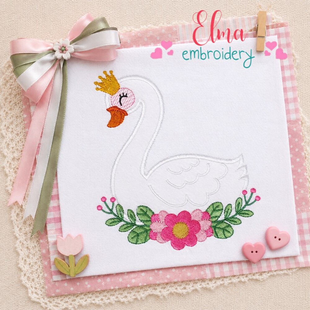 Matriz de Bordado Cisne Princesa com Flores Aplique