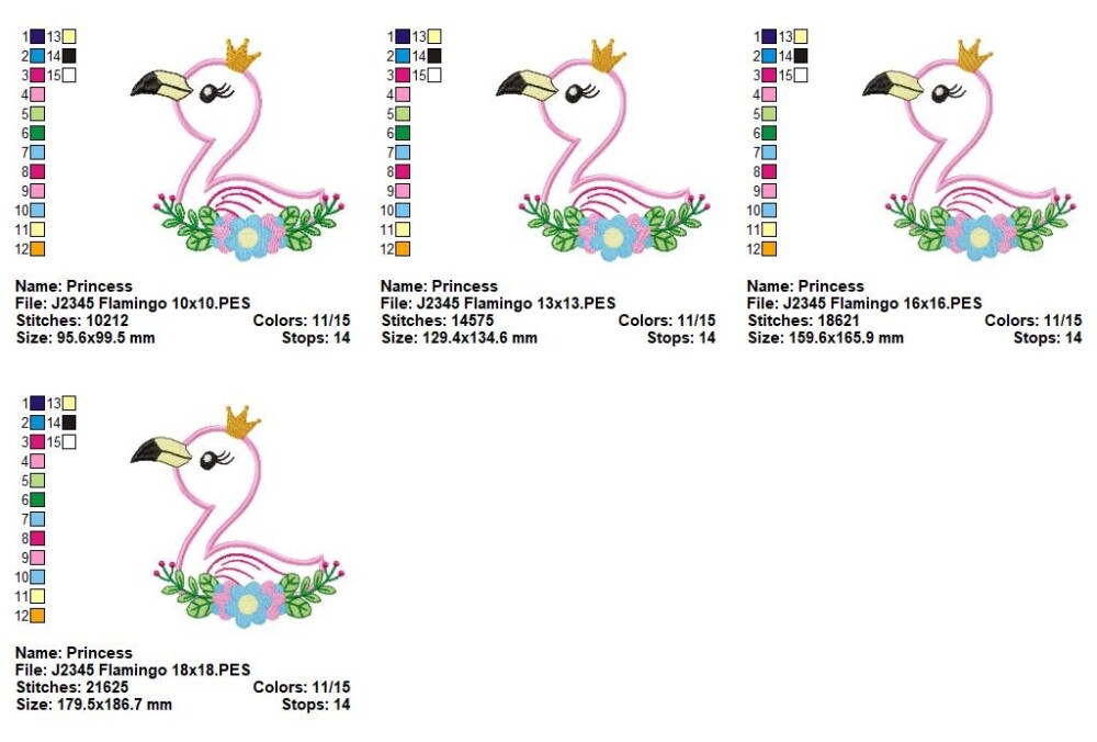 Matriz de Bordado Flamingo Princesa com Flores Aplique