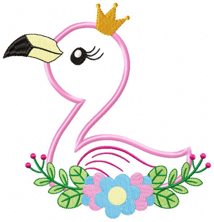 Matriz de Bordado Flamingo Princesa com Flores Aplique