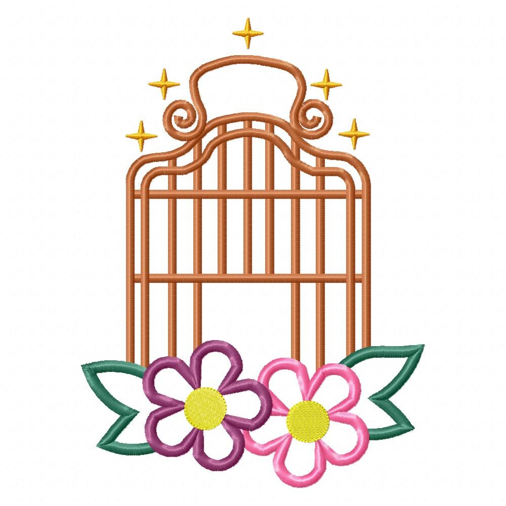 Matriz de Bordado Gaiola Decorativa com Flores Aplique