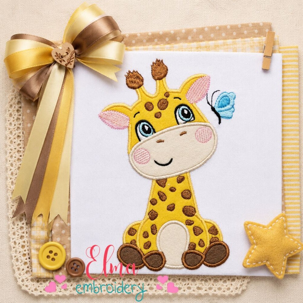 Matriz de Bordado Girafa Infantil com Borboleta Aplique
