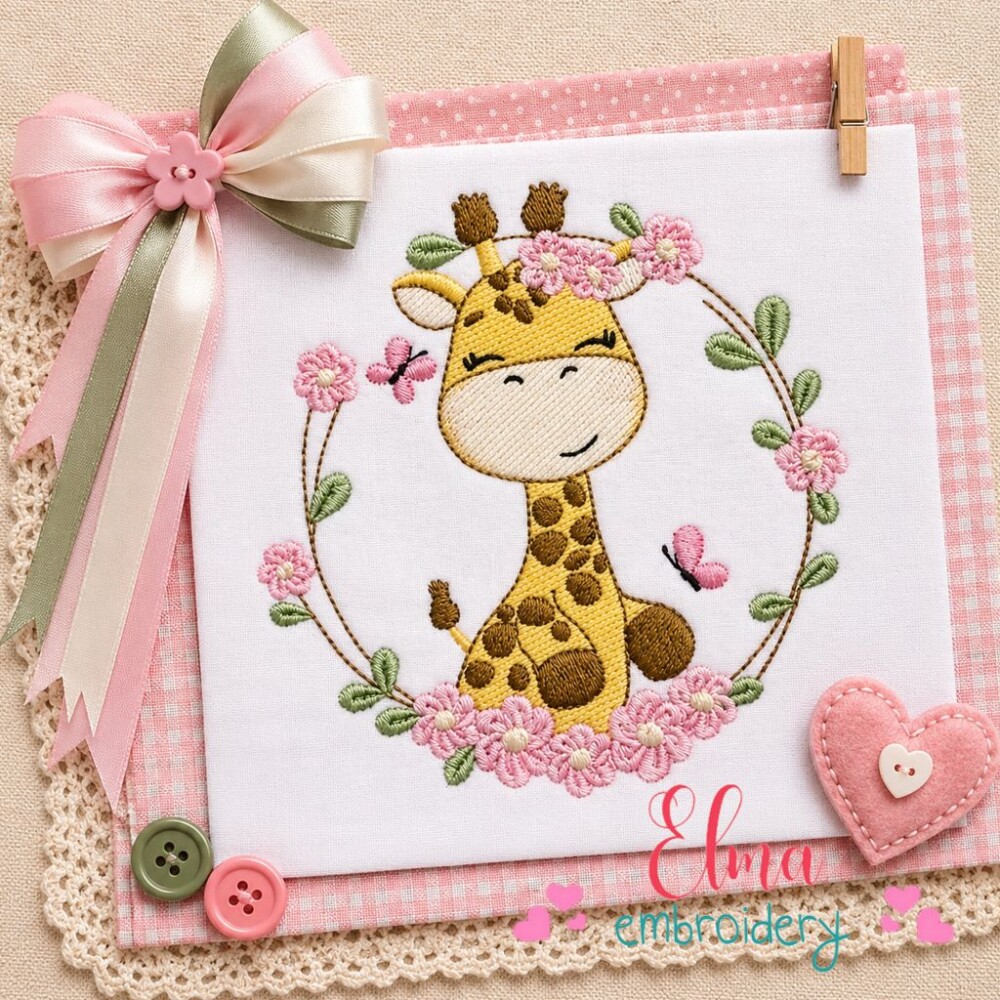 Matriz de Bordado Girafa Floral Delicada Ponto Cheio