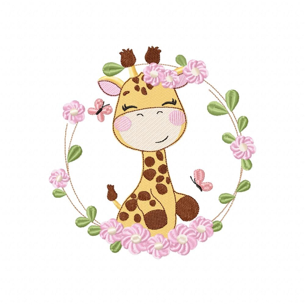 Matriz de Bordado Girafa Floral Delicada Ponto Cheio