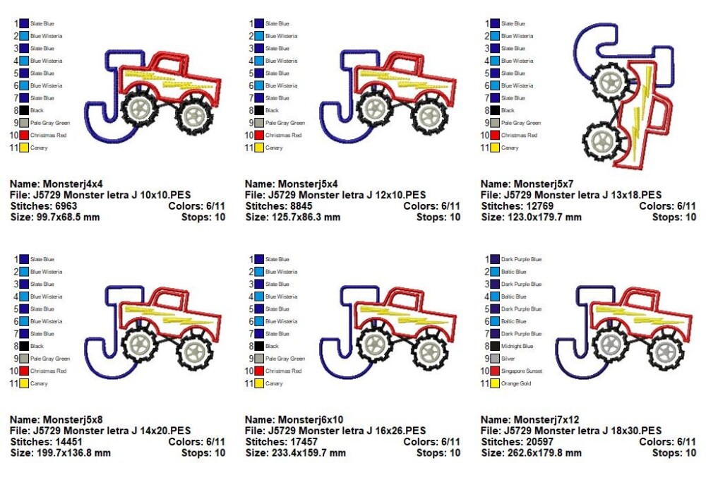 Matriz de Bordado Letra J Monster Truck Aplique