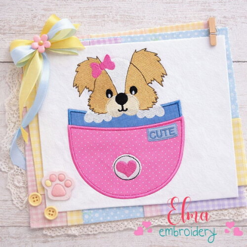 Matriz de Bordado Cachorrinha no Bolso Cute Aplique