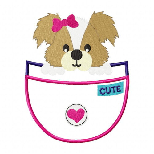 Matriz de Bordado Cachorrinha no Bolso Cute Aplique