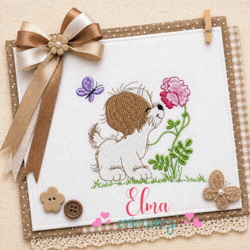 Matriz de Bordado Cachorrinho com Flor e Borboleta