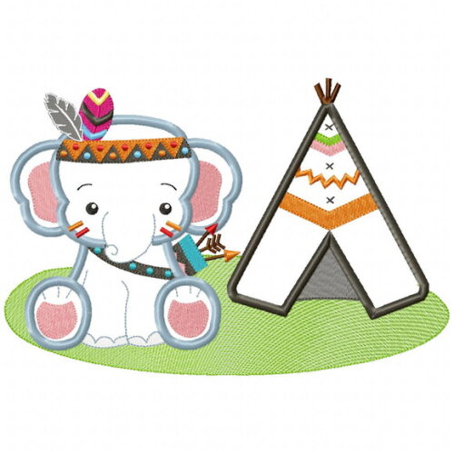 Matriz de Bordado Elefante Boho com Cabana Aplique