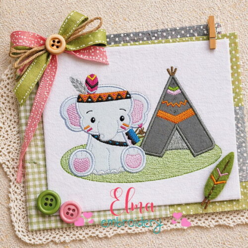 Matriz de Bordado Elefante Boho com Cabana Aplique