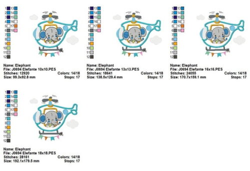 Matriz de Bordado Elefantinho no Helicóptero Aplique