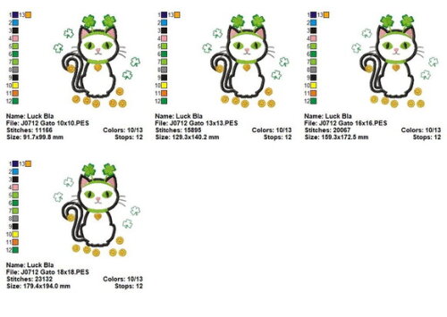 Matriz de Bordado Gatinho da Sorte com Trevos Aplique