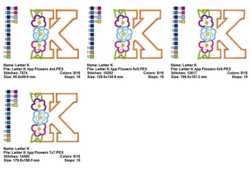 Matriz de Bordado Letra K Floral Charmosa Aplique