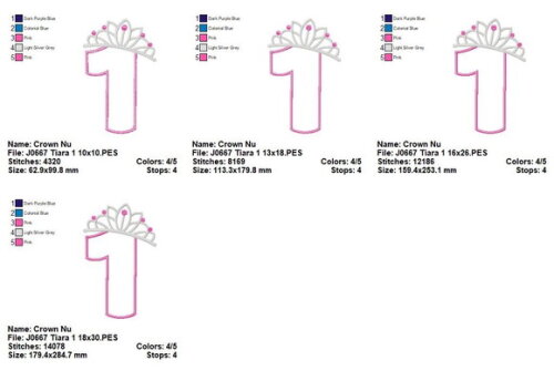 Matriz de Bordado Número 1 com Tiara Princesa Aplique