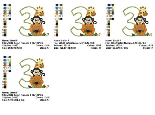 Matriz de Bordado Número 3 com Animais Safari Aplique