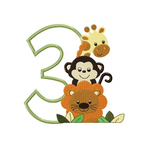 Matriz de Bordado Número 3 com Animais Safari Aplique