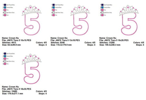 Matriz de Bordado Número 5 com Tiara Princesa Aplique