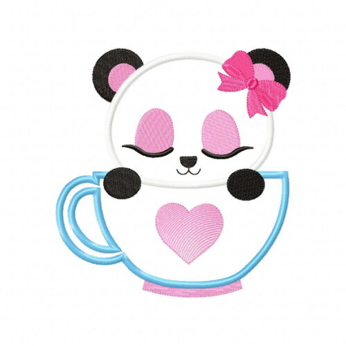 Matriz de Bordado Panda na Xícara com Laço Aplique