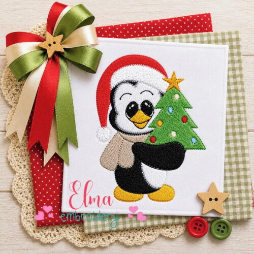 Matriz de Bordado Pinguim com Árvore de Natal