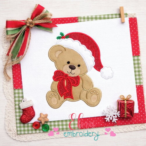 Matriz de Bordado Urso com Gorro de Natal Aplique