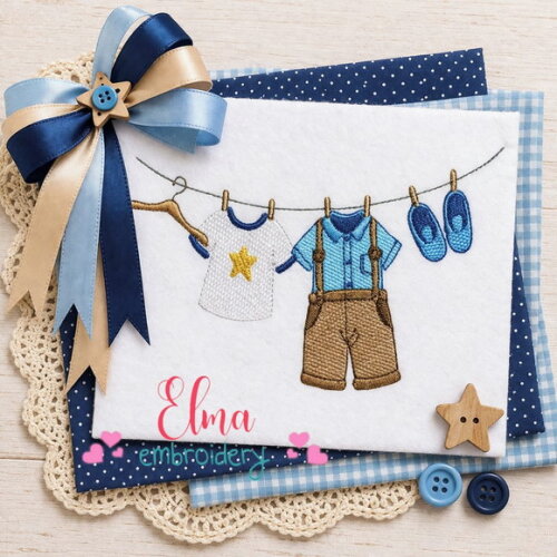 Matriz de Bordado Varal de Roupas Menino Baby Sketch