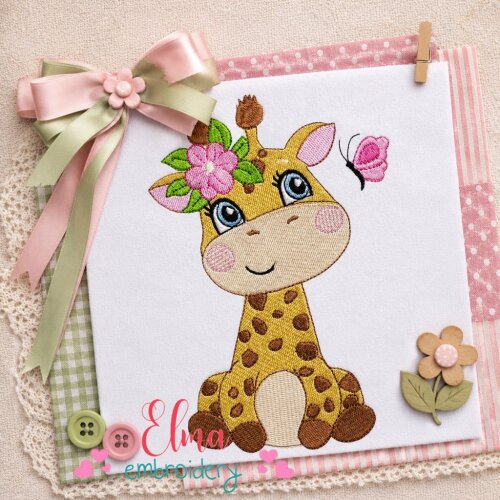 Matriz de Bordado Girafa Floral Ponto Cheio