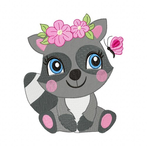 Matriz de Bordado Guaxinim com Flores Ponto Cheio
