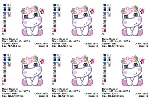 Matriz de Bordado Hipopótamo Floral Aplique e Ponto Cheio