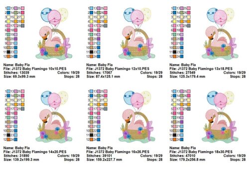 Matriz de Bordado Flamingo Bebê no Cesto com Balões Ponto Cheio