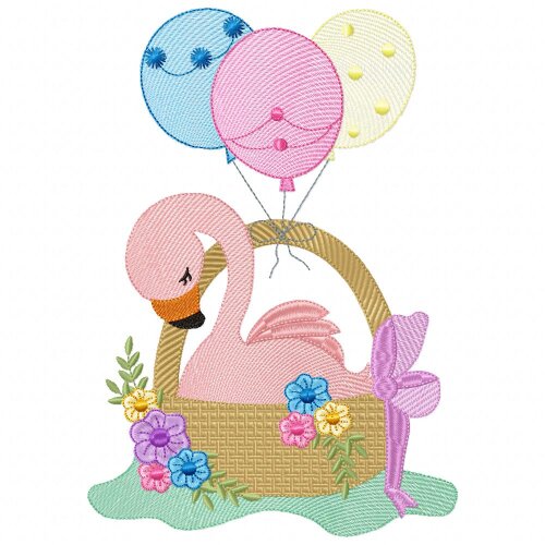 Matriz de Bordado Flamingo Bebê no Cesto com Balões Ponto Cheio