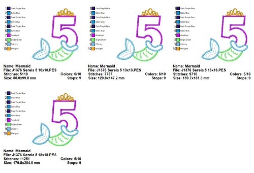Matriz de Bordado Número 5 Sereia Aplique