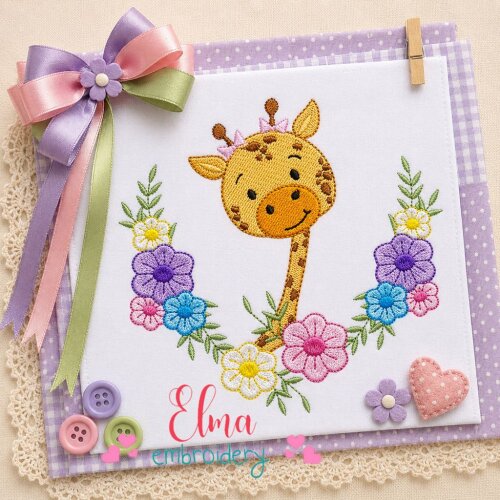 Matriz de Bordado Girafa Floral Delicada Ponto Cheio