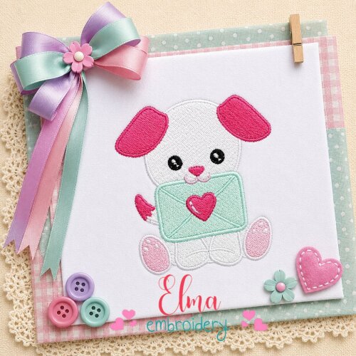 Matriz de Bordado Cachorrinho Com Carta de Amor Ponto Cheio